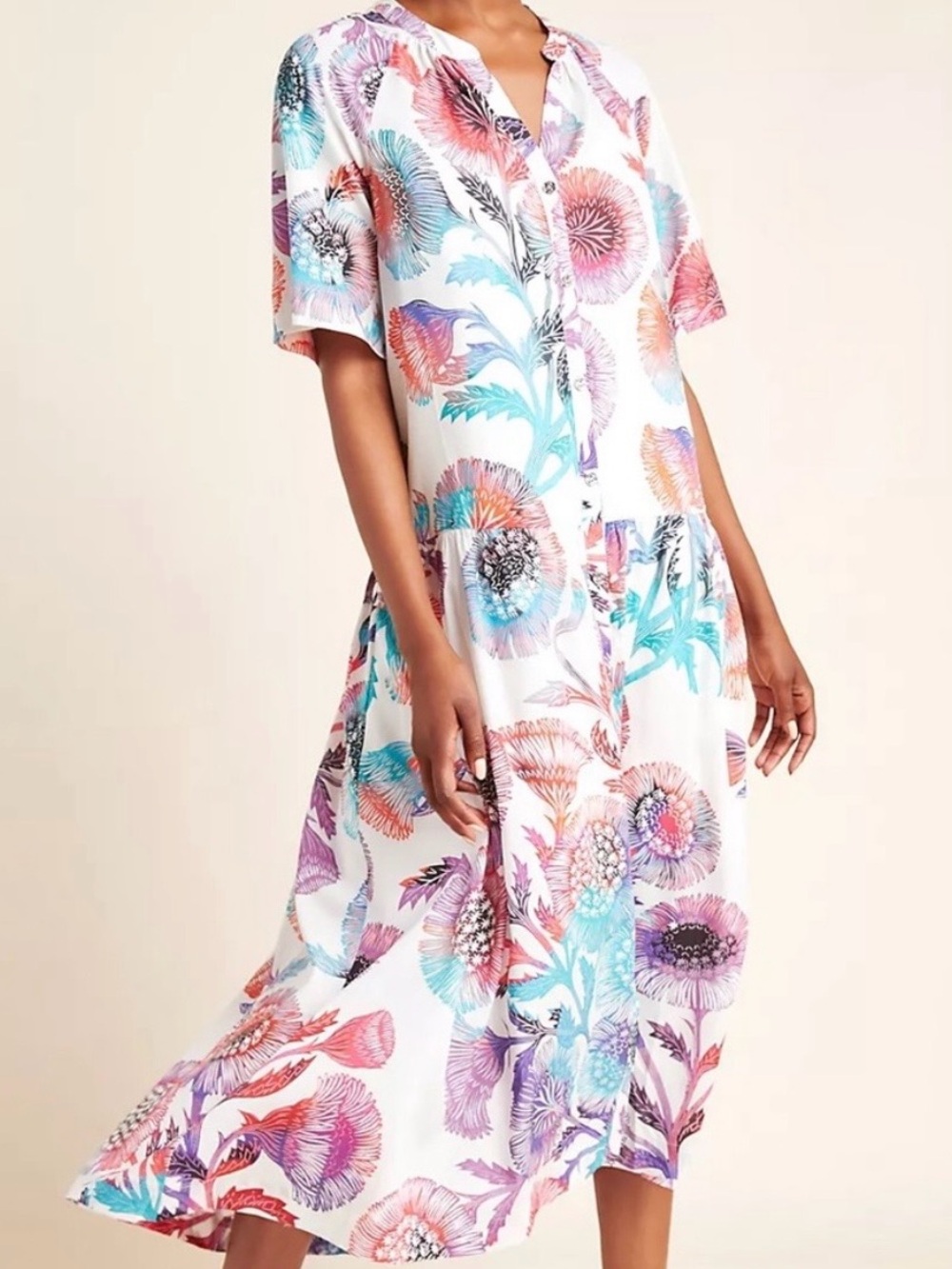 Tugboat White Floral Button-Front Maxi Dress with Pink, Purple & Blue Print